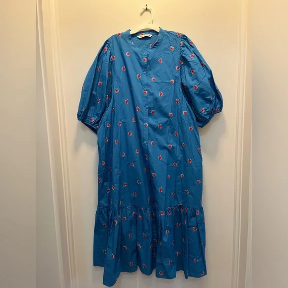 Zara Blue Flora Embroidered Ruffled Puff Sleeve Maxi Dress - Picture 4 of 12